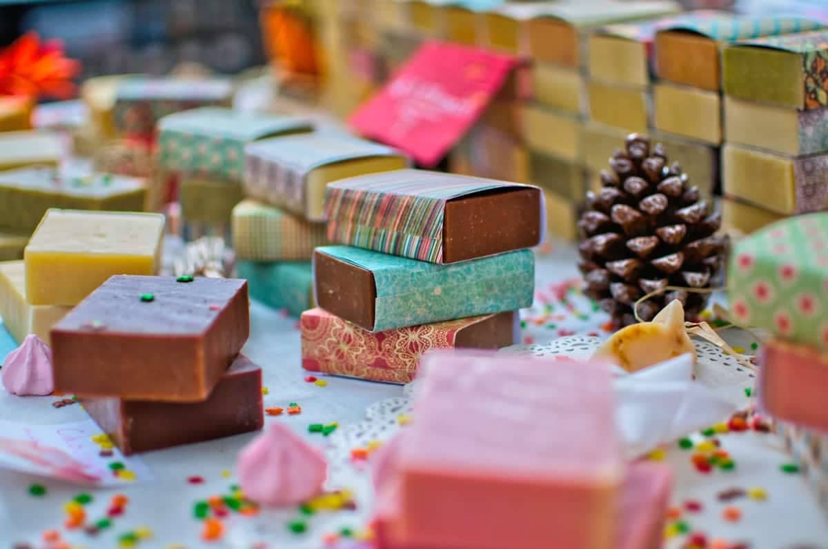 Several homemade soap on a table