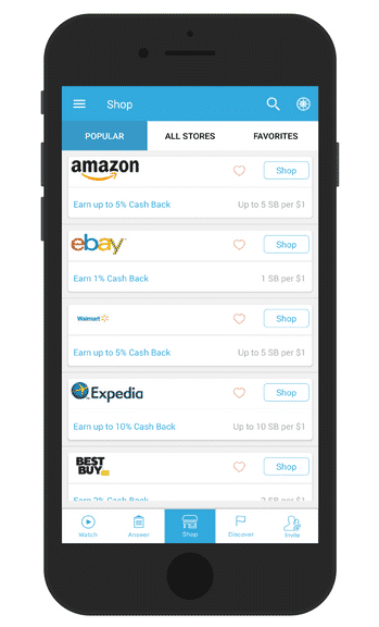 Swagbucks app shopping screen for cash-back