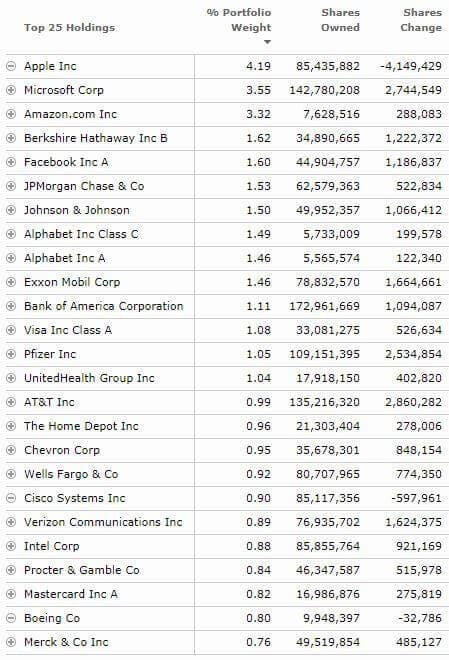 VFINX index funds top twenty five holdings