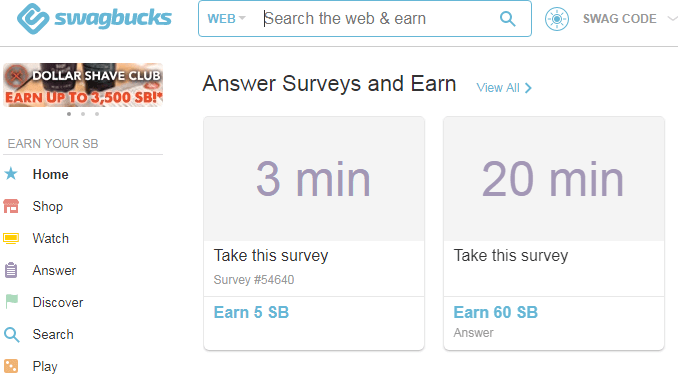 Swagbucks homepage where you can see all the different money making categories