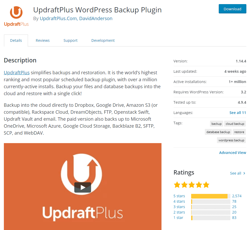 updraft plus plugin to backup your WordPress website or blog